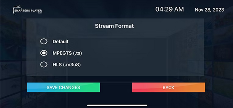 choix du format sur l'application